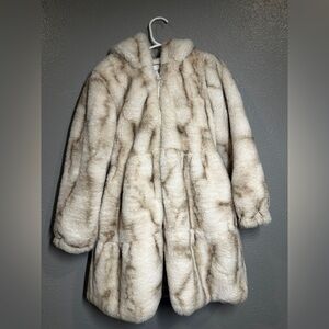 Girls Elegant Cream Faux Fur Coat with Hood
